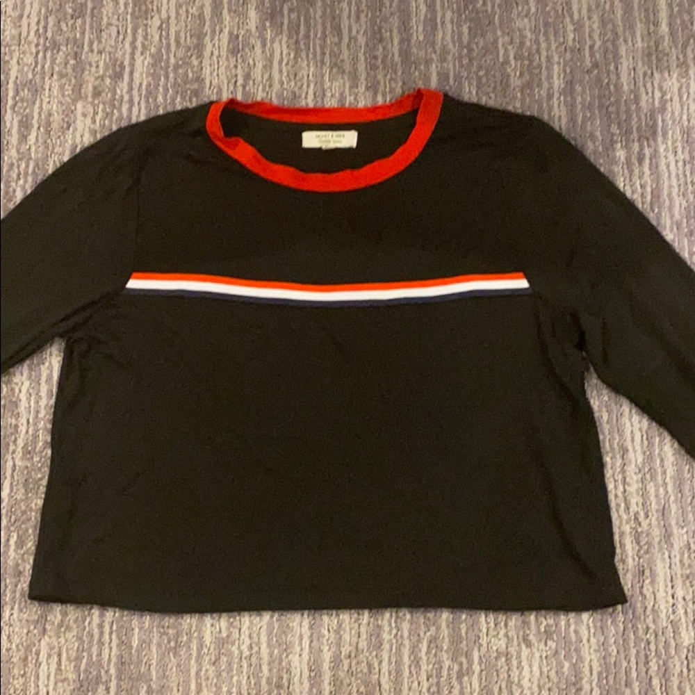 Black Long Sleeve top with Red Collar and Stripe